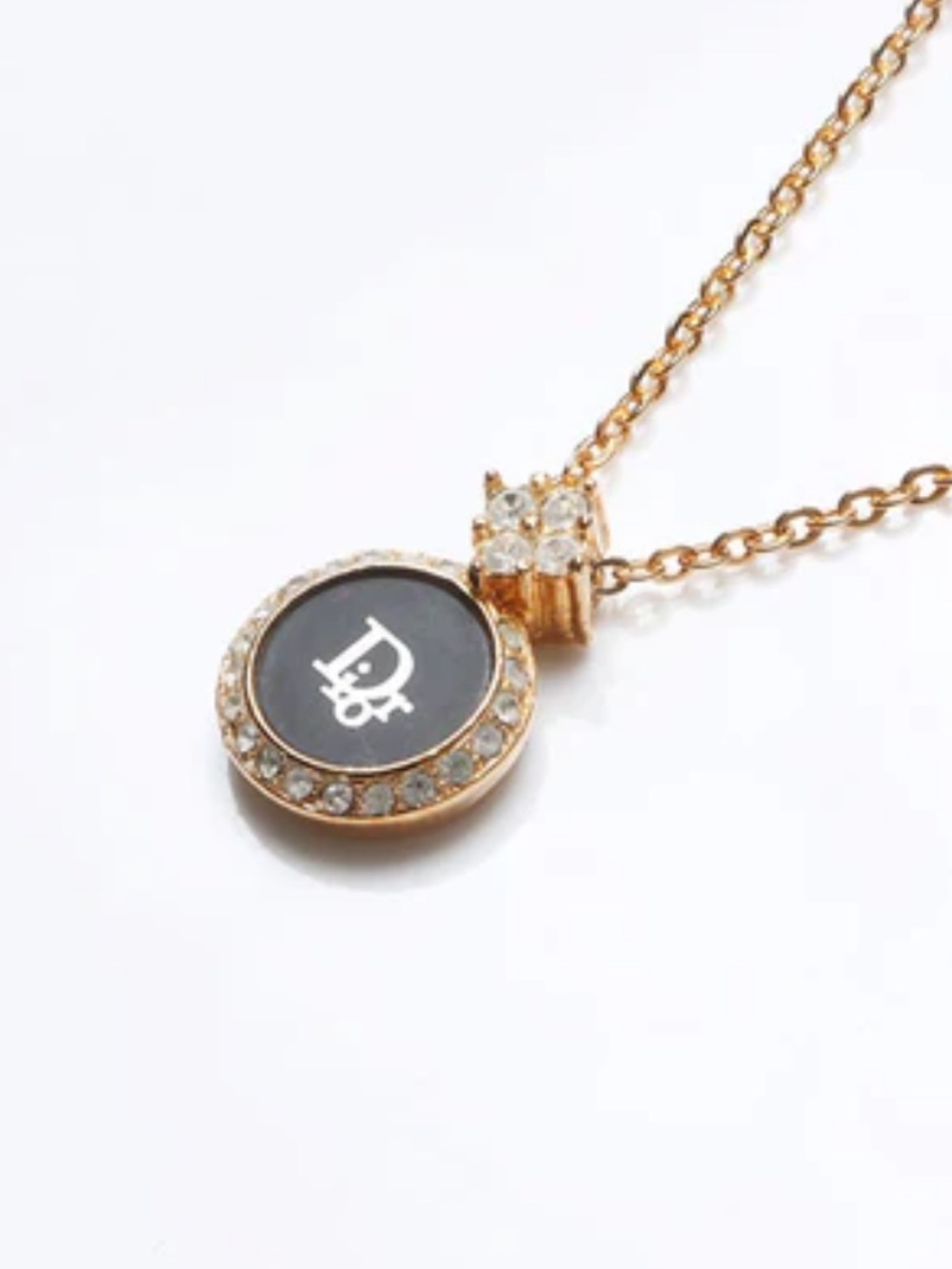 Christian Dior Necklace Logo Rhinestone Gold Lobster Clasp CD Signature & COA